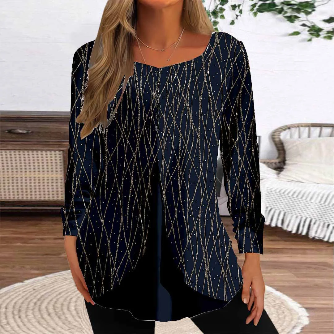 Women Striped,Blue DZGG8261 Long Sleeve Scoop Neck Printed Graphic Button Fake 2in1 Tops