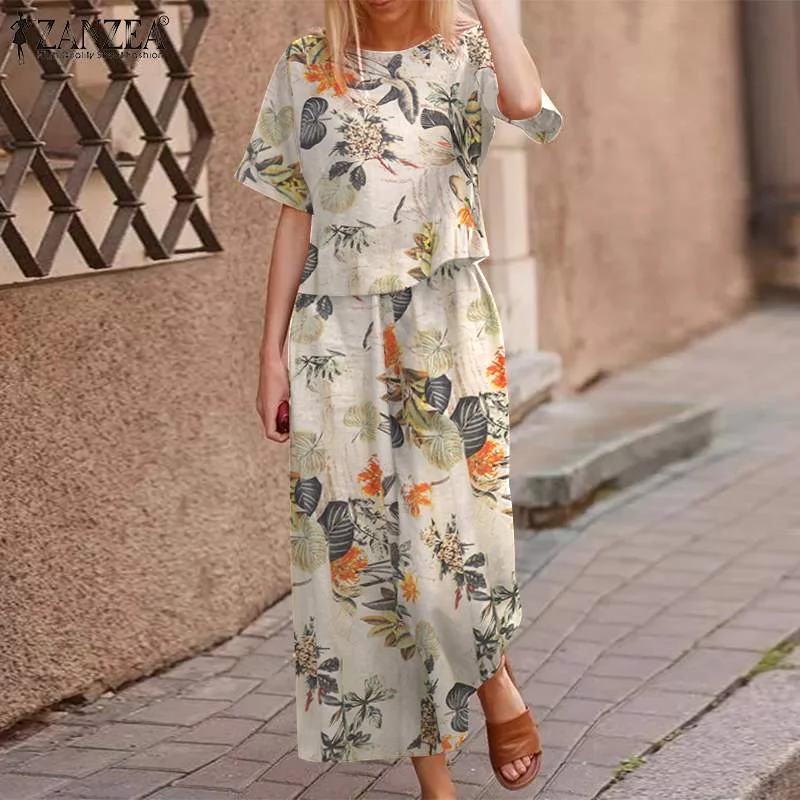 2022 Summer Floral Wide Leg Tracksuits Female Women Casual Cotton Matching Sets ZANZEA Bohemian Printed Short Sleeve Pant Sets