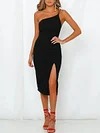 One-Shoulder Solid Color Split-Side Casual Midi Dress