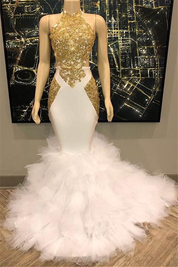 Luluslly High Neck Mermaid Prom Dress Gold Appliques Ruffles