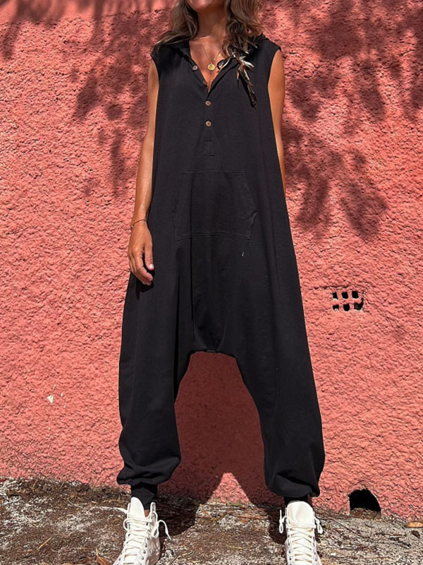 Casual Solid Color Sleeveless Hooded Jumpsuit
