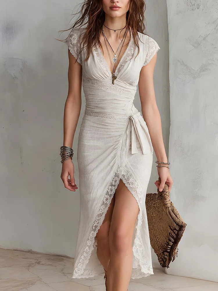 Vintage Lace-Trimmed Cotton-Linen Midi Dress