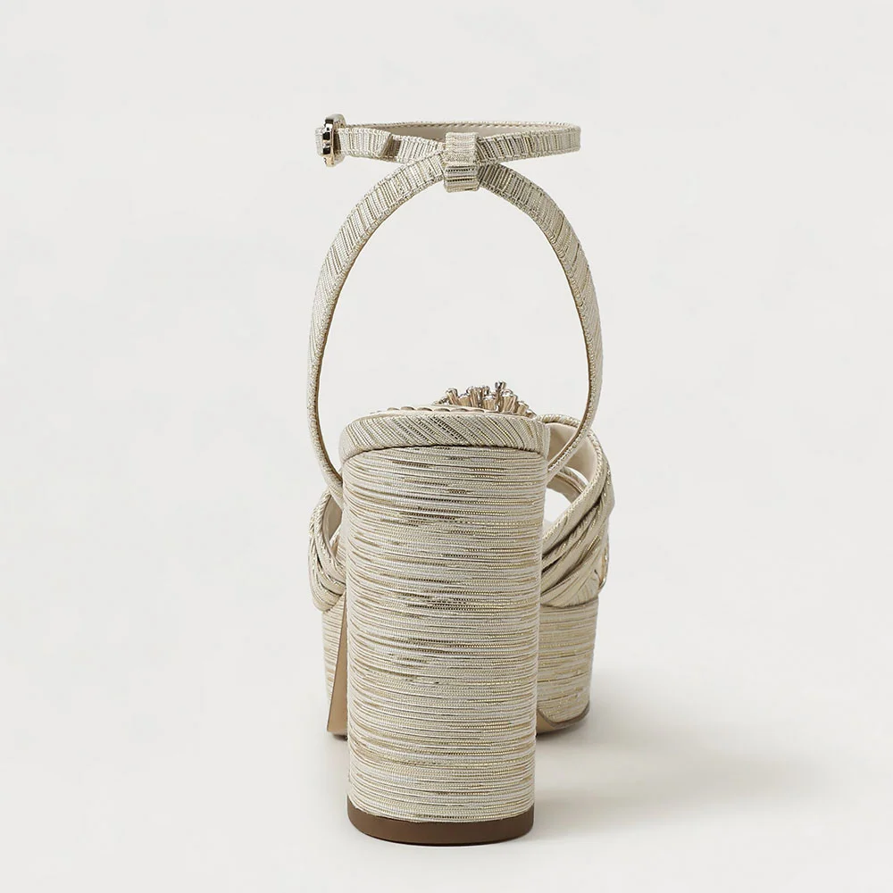 Beige Open Square Toe Rhinestone Floral Ankle Strap Platform Sandals