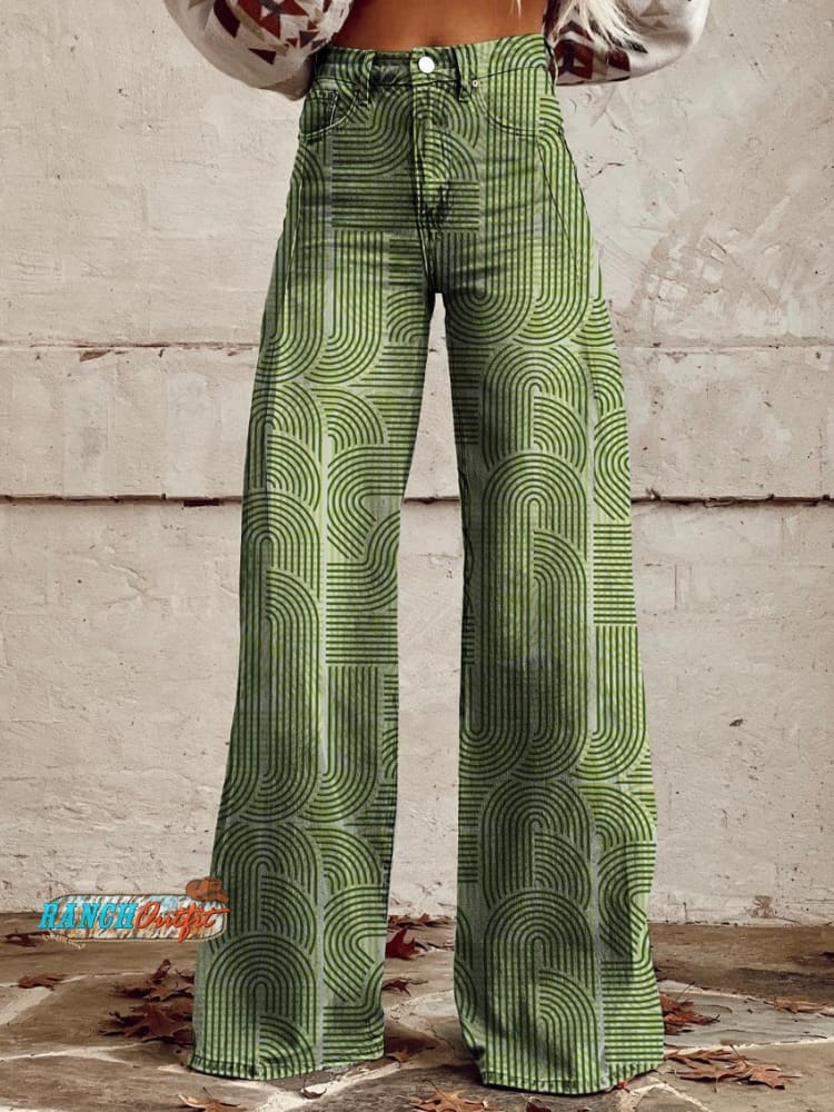 Women’s Green Print Casual Wide Leg Pants Multicolor / S