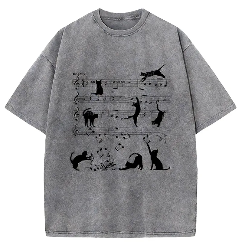 Cat Playing With Sheet Music Washed T-shirt artswardrobe