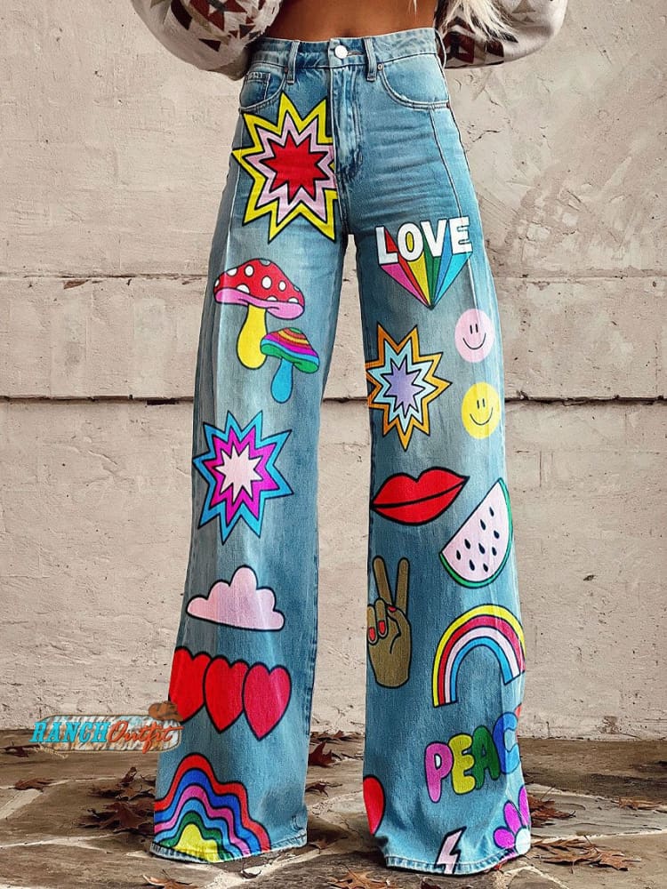 Women’s Vintage Print Casual Wide Leg Pants Multicolor / S