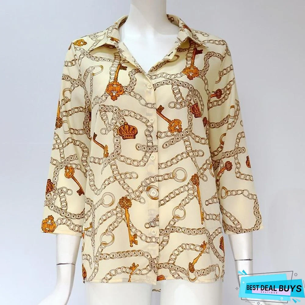 Women Chain Print Vintage Chiffon Blouse Turn-Down Collar Plus Size Loose Tops