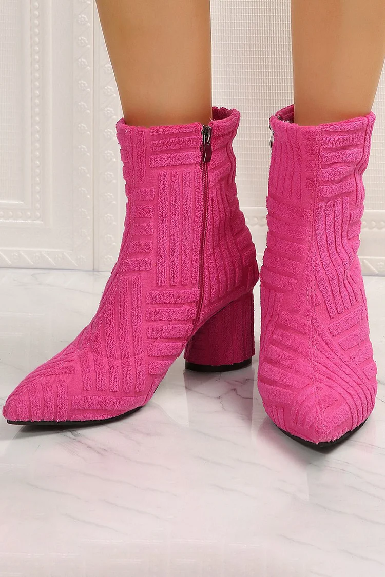 Daily Textured Pointy Toe Side Zipper Chunky Heel Ankle Boots 2024 - Xpluswear