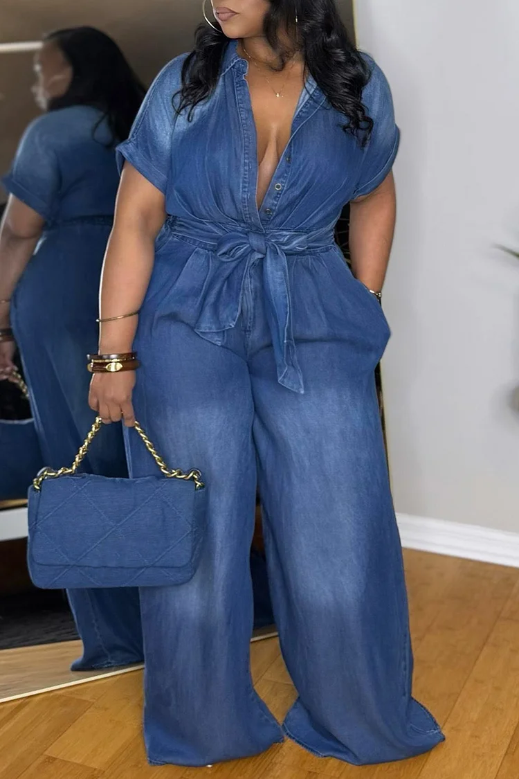Plus Size Daily Blue Shirt Collar Short Sleeve Pocket Cargo Tencel Denim Jumpsuits [Pre-Order] 2024 - Xpluswear