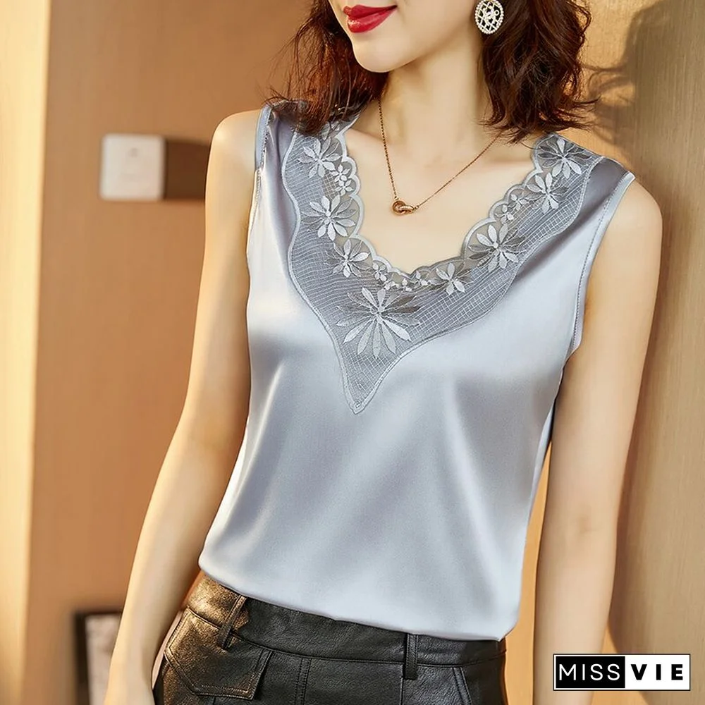 Oversize Solid Sleeveless Embroidery Lace V-neck Women's Loose Satin Shirt