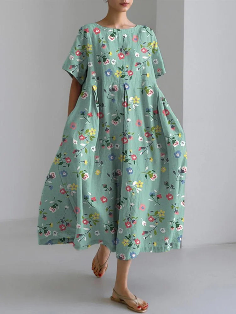 Vintage Flowers Pattern Linen Blend Dress