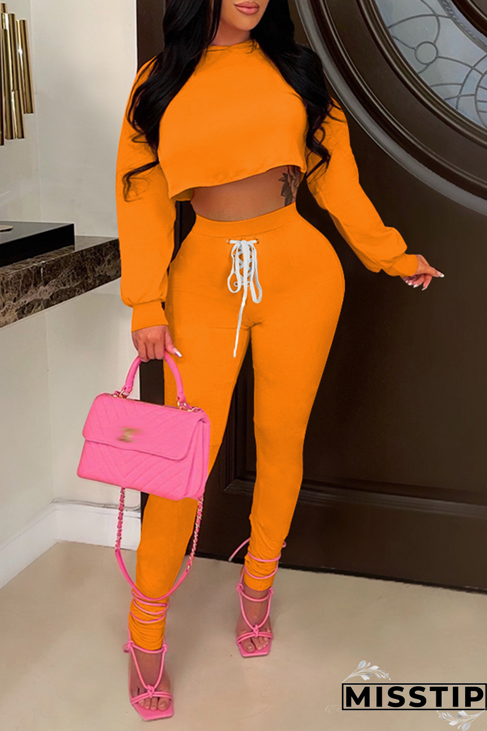 Orange Casual Solid Draw String O Neck Long Sleeve Two Pieces