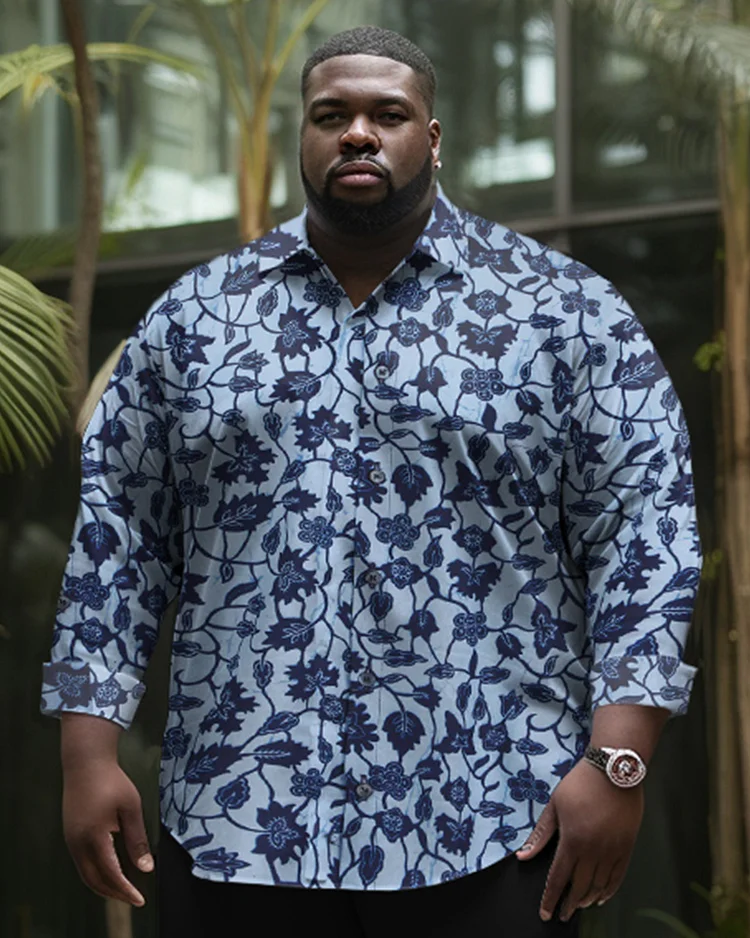 Men's Plus Size Floral Pattern Long Sleeve Lapel Shirt Two-Piece Set