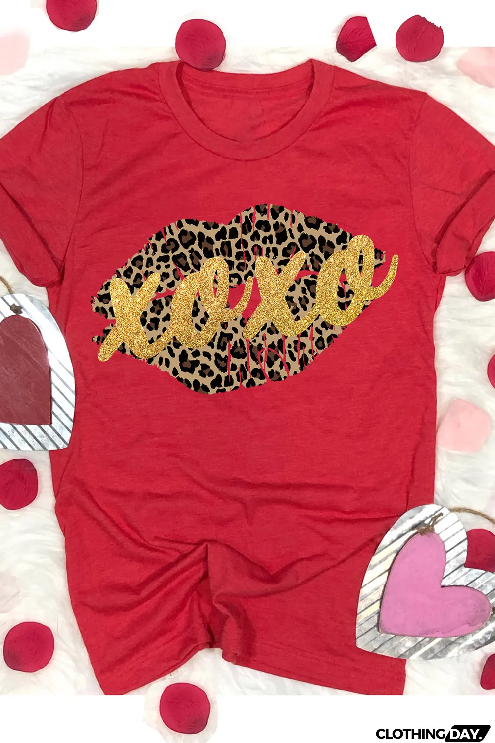Red XOXO Leopard Lips Glitter Graphic Tee