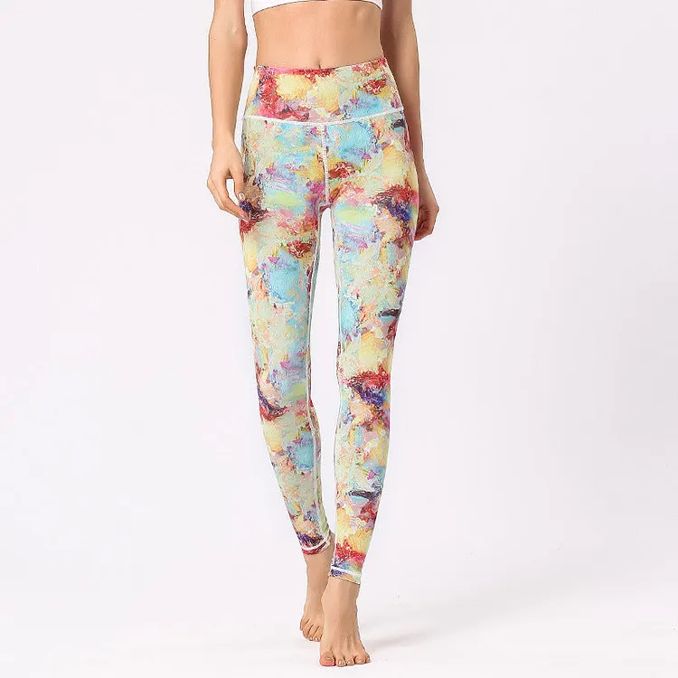 Multicolored Print Flowers Pants Sports Exercise Fitness High Waist Leggings Women's Yoga Pants