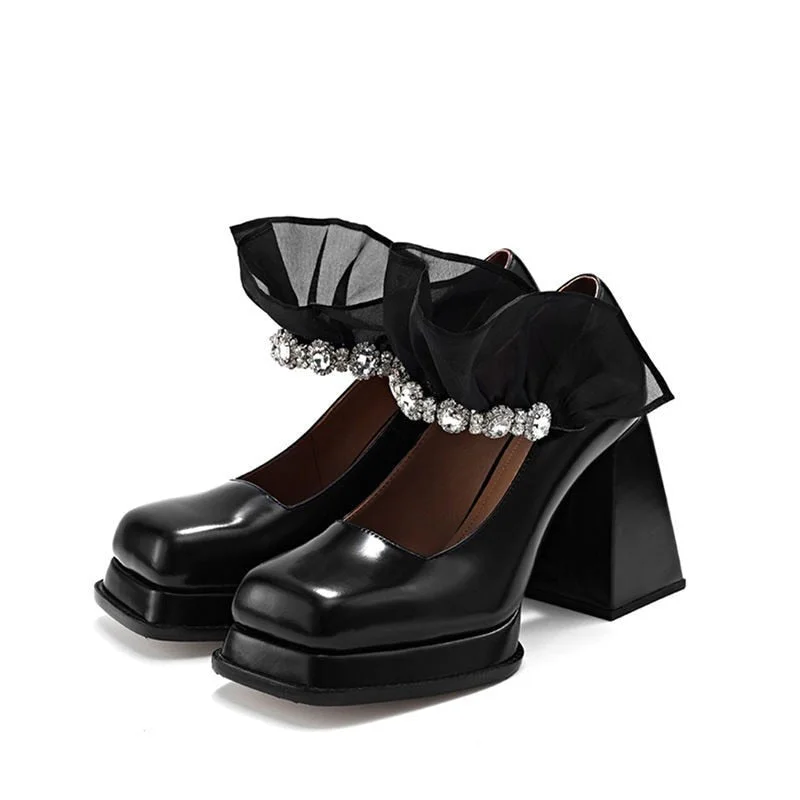 Ladies Mary Jane High-heeled Shoes Spring Autumn Lace Rhinestone Elegant 2021 Word Square Heel Platform Fashion Leather Shoe New