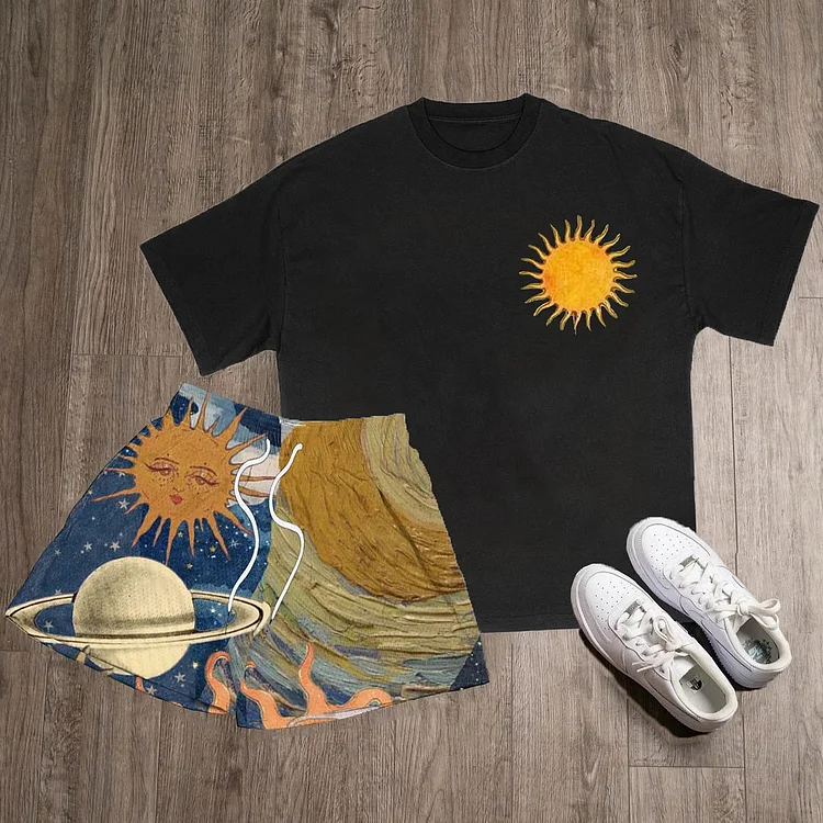 Casual Sun Print T-Shirt Shorts Two-Piece Set