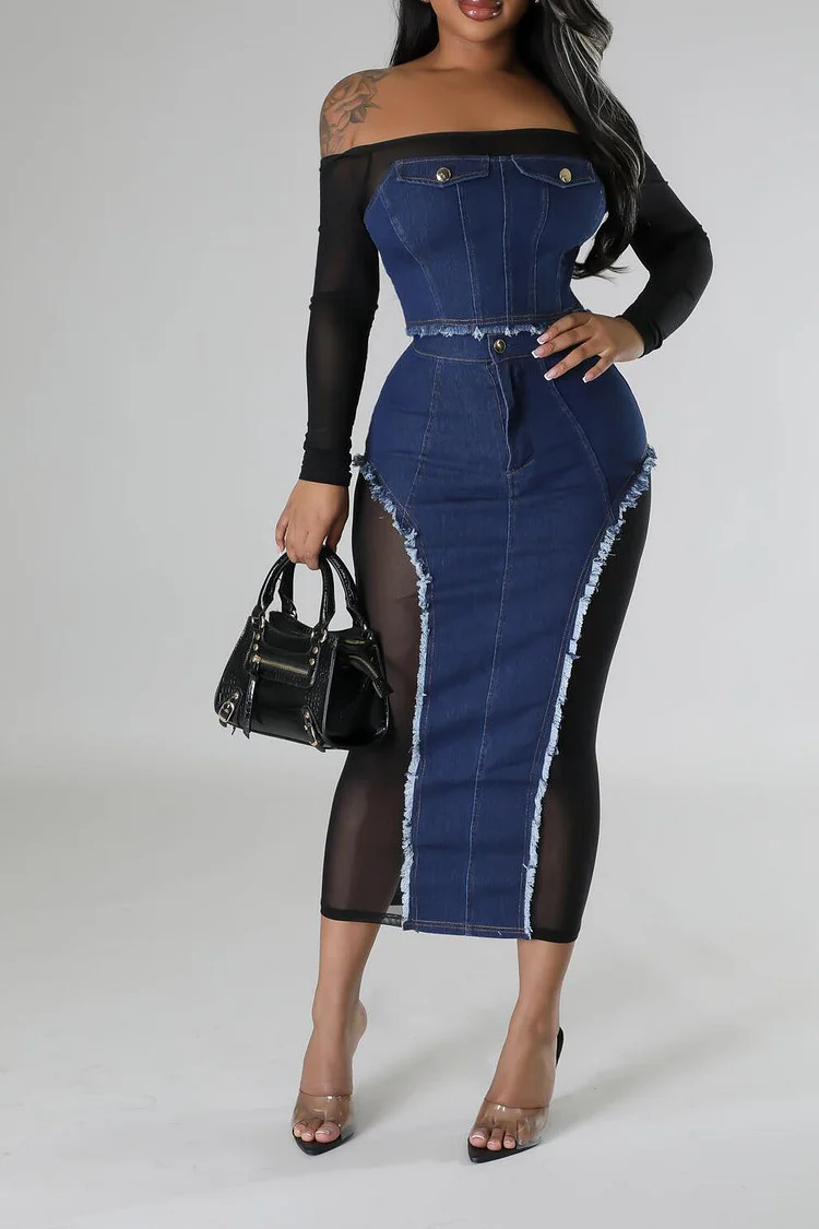 Denim Mesh Patchwork Off Shoulder Long Sleeve Crop Top Midi Skirt Matching Set-Blue