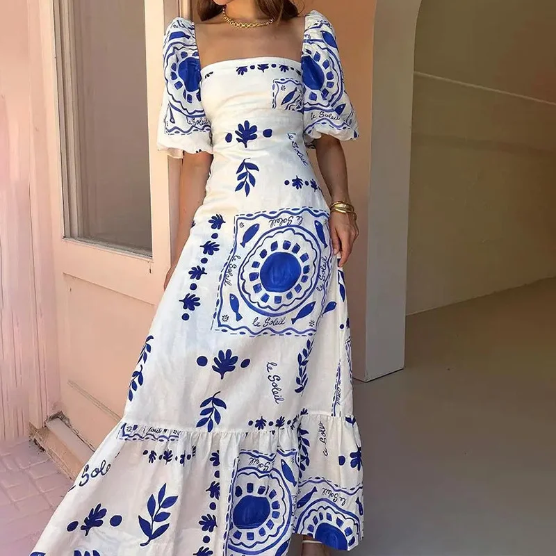 Brownm Brownm 2024 Women's Wear Elegant Fashion Printed Lantern Short Sleeve A Line Dress