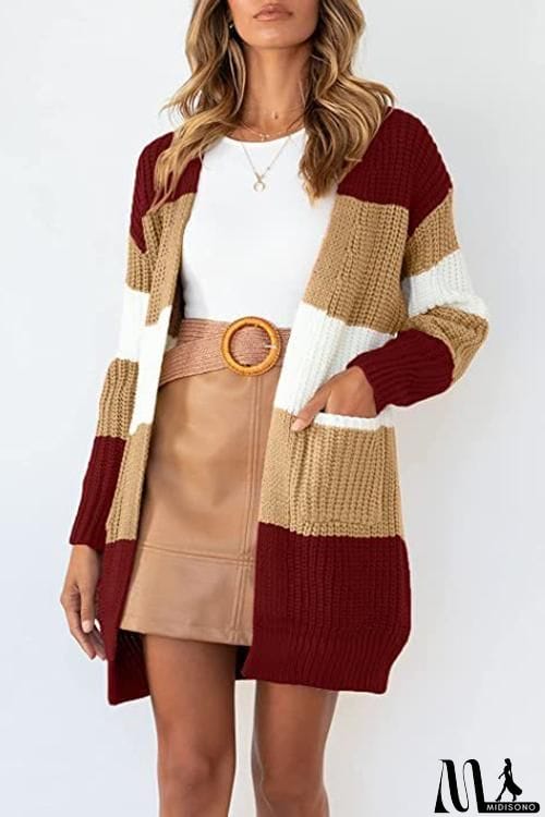 MidiSono - Color Block Pocket Open Cardigan