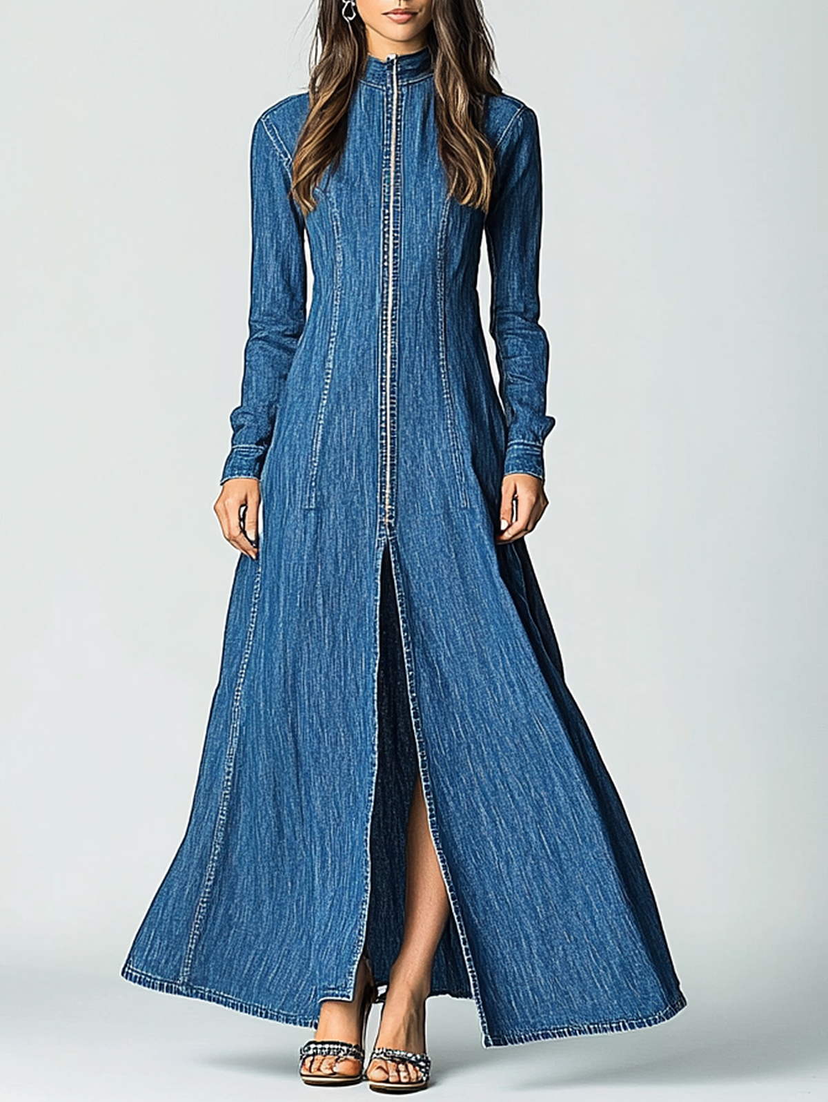 Ursime Denim Mock Neck Long Sleeve Zipper Slit Maxi Dress