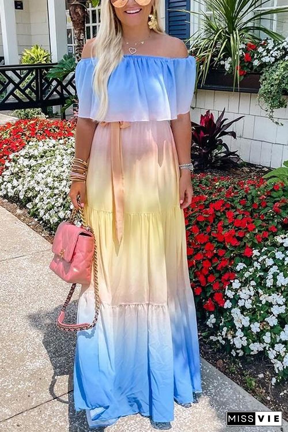 Gradient Off Shoulder Belted Maxi Dress
