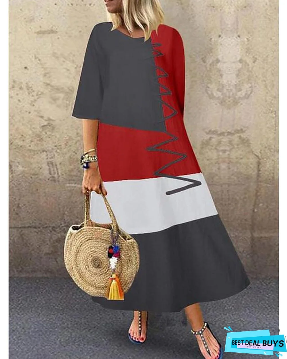 Women's Swing Dress Maxi Long Dress Half Sleeve Color Block Patchwork Summer Hot Casual Cotton White Red Khaki Gray White Dresses