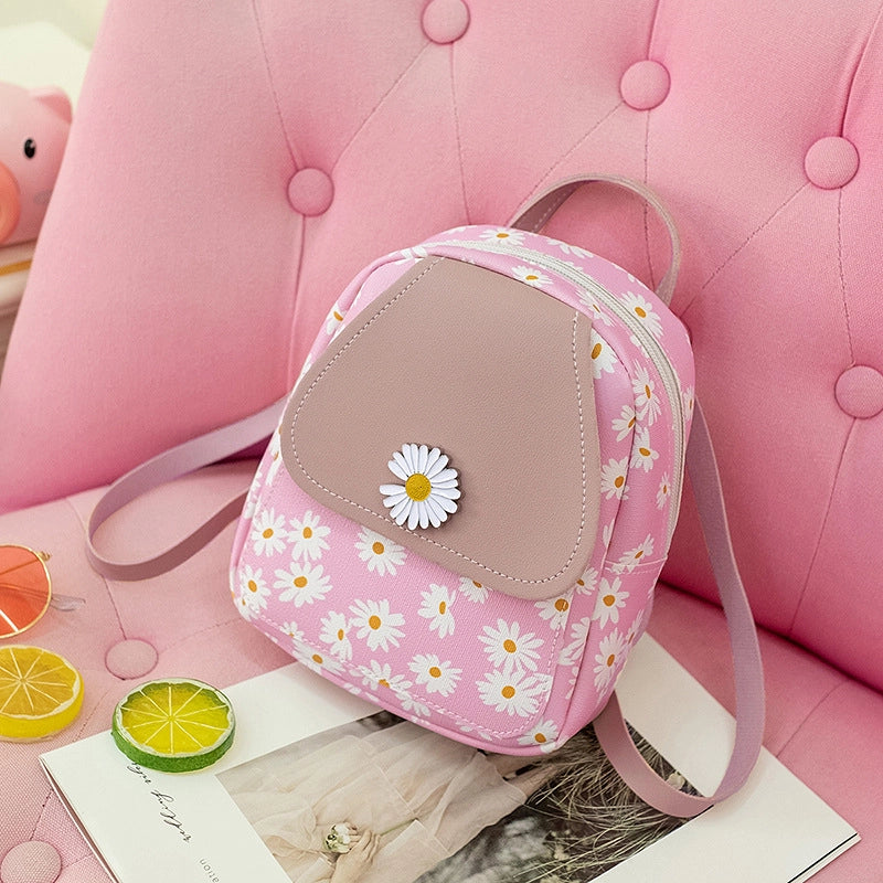 Women’s Small Pu Leather Daisy Cute Streetwear Square Zipper Zipper Backpack
