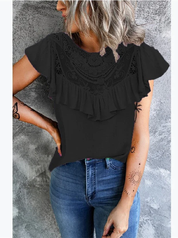Women's Scoop Neck Short Sleeve Lace Stitching Tops