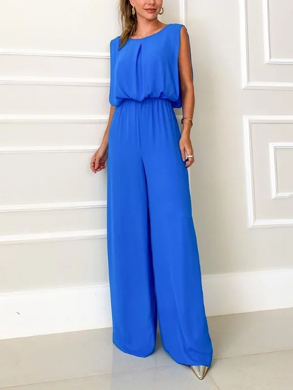 High-Low Wide Leg Backless Hollow Solid Color Round-Neck Jumpsuits Bottoms