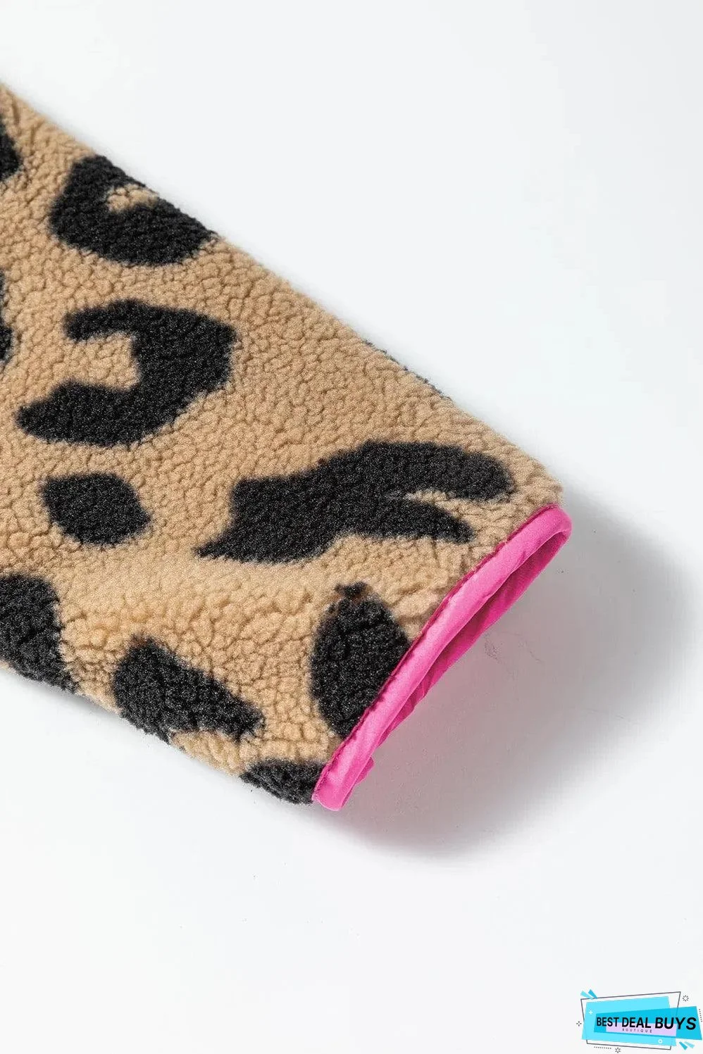 Leopard Colorblock Pocket Zipper Fuzzy Fleece Jacket