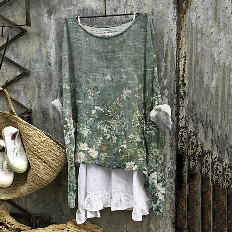 Comstylish Vintage Floral Art Cotton Linen V Neck Casual Shirt