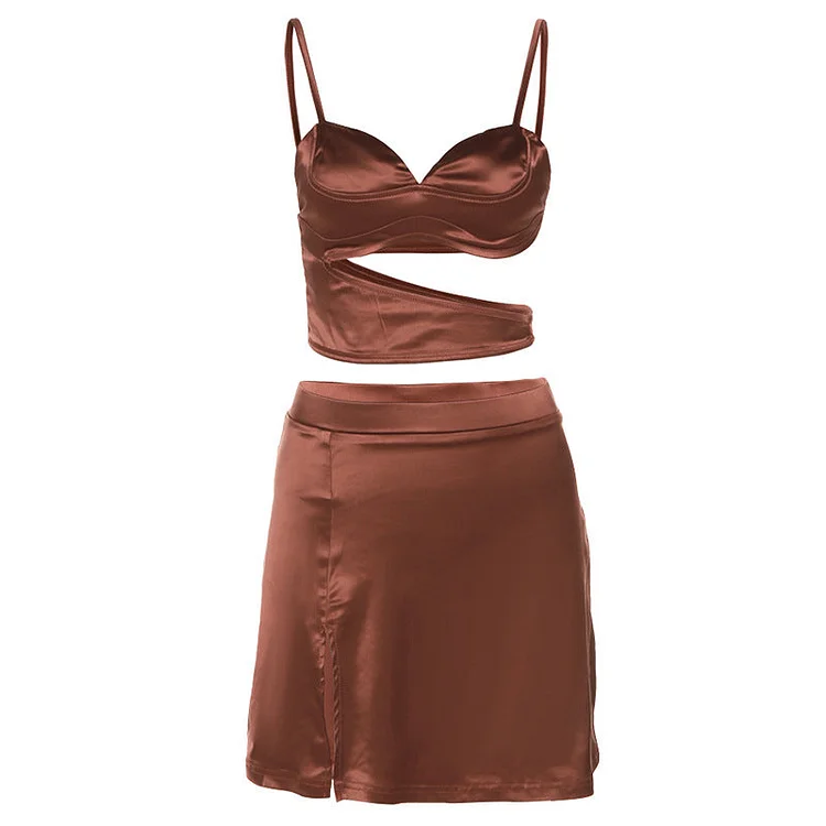 Women Top & Skirt 2 Piece Set Summer Spaghetti Straps Midriff-Baring Vest Sheath Skirt Suit