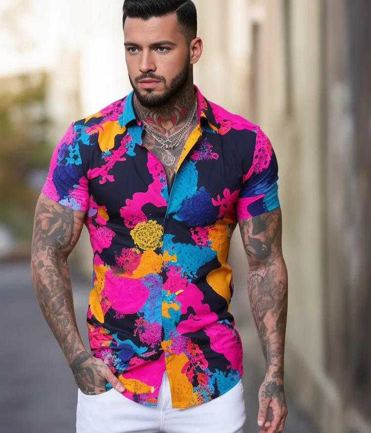 Men's Casual Camouflage Printed Short Sleeve Shirt at Hiphopee