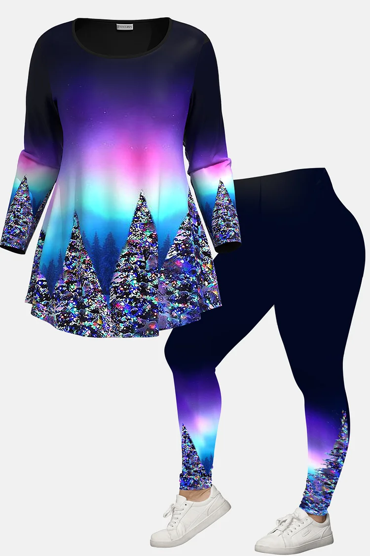 Flycurvy Plus Size Christmas Black Ombre Christmas Trees Print Long Sleeve Two Piece Pant Set  Flycurvy [product_label]
