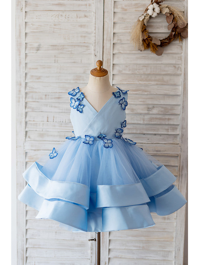 Oknass Ball Gown Sleeveless V Neck Flower Girl Dresses Satin Tulle With Butterfly Design