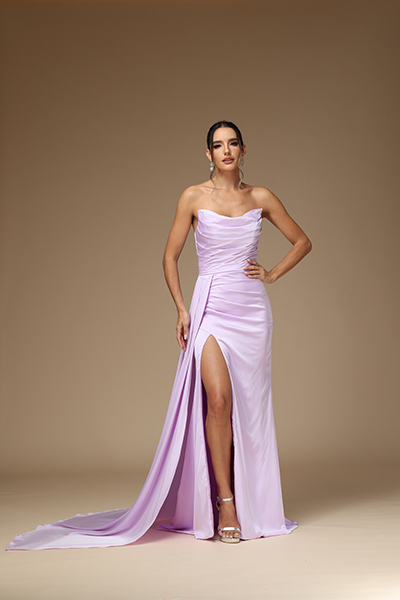 Oknass Lilac Strapless Sleeveless Pleated Prom Dress with Split 