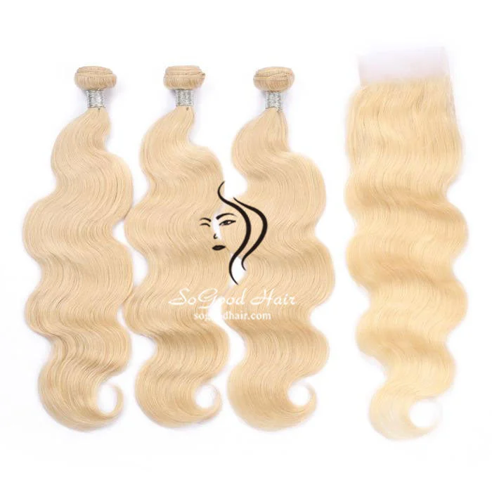 Blonde 3 Bundles Body Wave With 4x4 Lace Closure 12A+ Virgin Human Hair