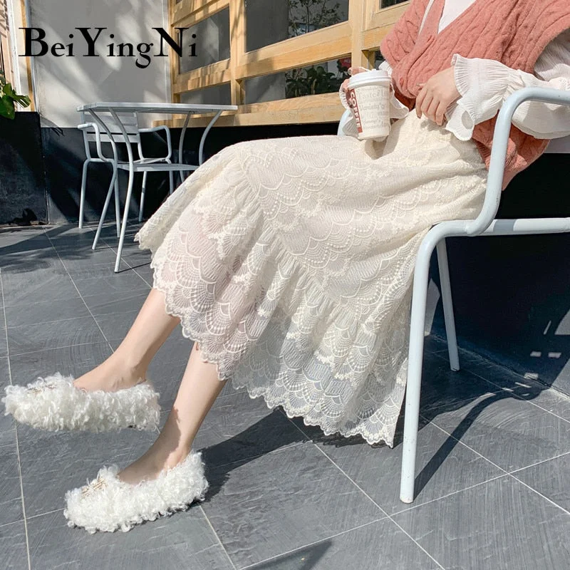 Beiyingni 2019 Fashion Midi Women's Skirt Hollow Out Lace Korean Casual A Line Skirt Simple Long Elegant Street OL Faldas Mujer