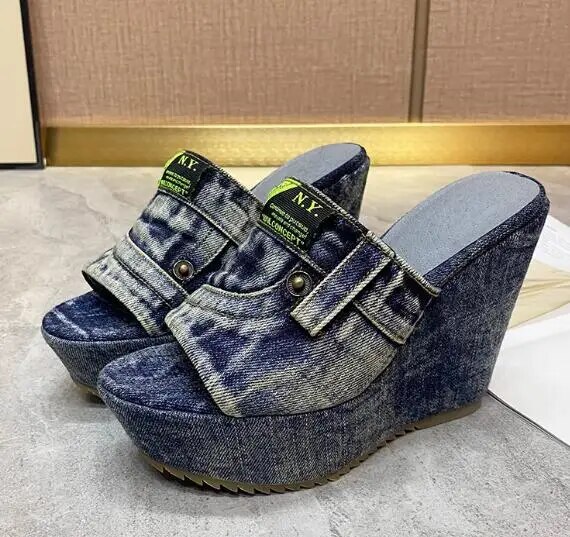 VCSHOES Retro Dark Blue Jeans Denim Peep Toe Platform Wedges Slippers Women 12 CM High Heel Casual Muffin Shoes