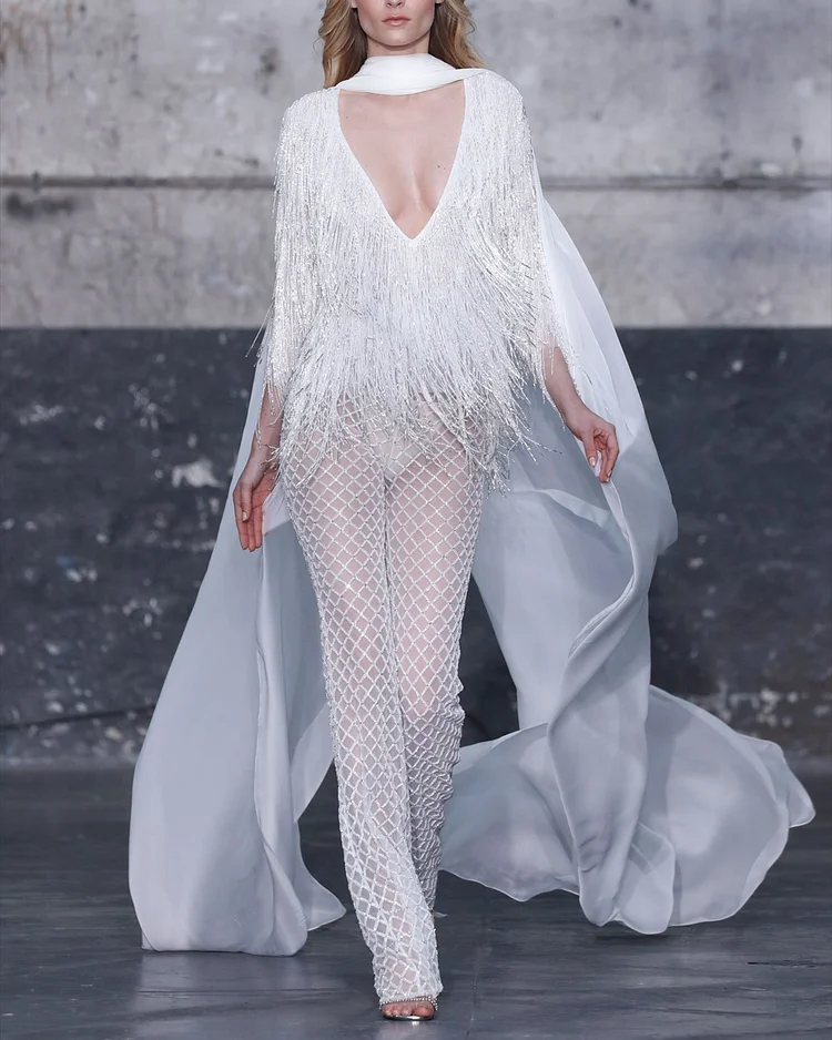 Women's V-neck tassel sequined Jumpsuit