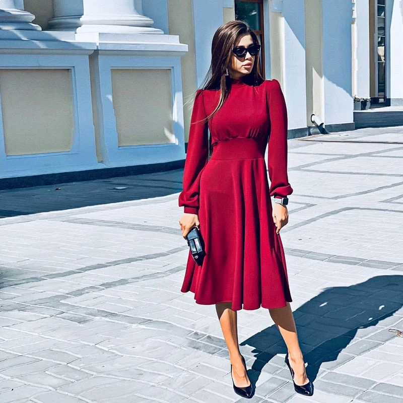 Women Vintage Stand Collar Slim A-line Party Dress Long Sleeve Solid Elegant Casual Mid Dress 2019 Winter New Fashion Dress