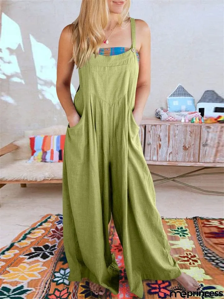 Summer Female Plus Size Solid Color Suspender Jumpsuits with Pockets