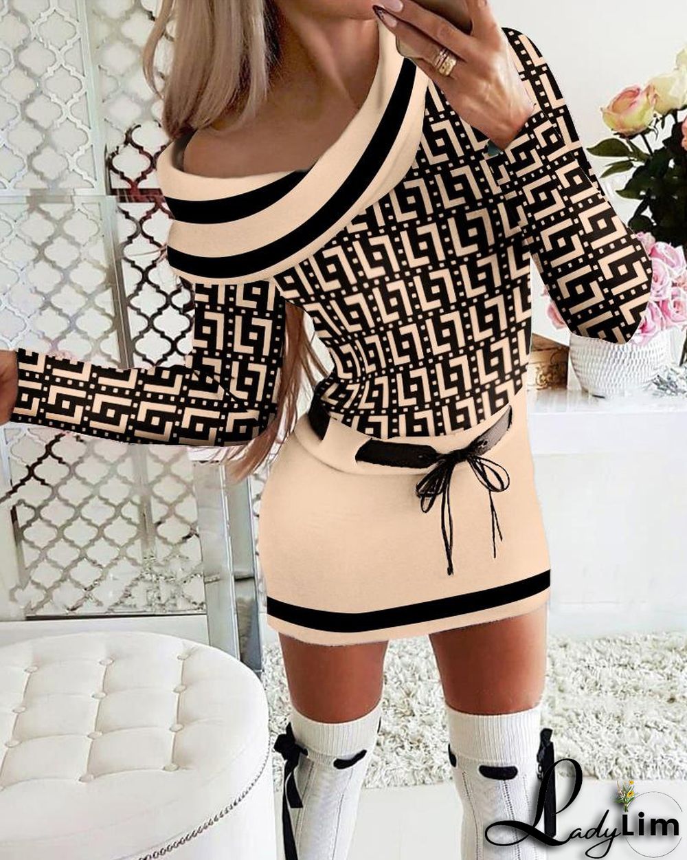 Women Turndown Collar Print Lace-Up Dress