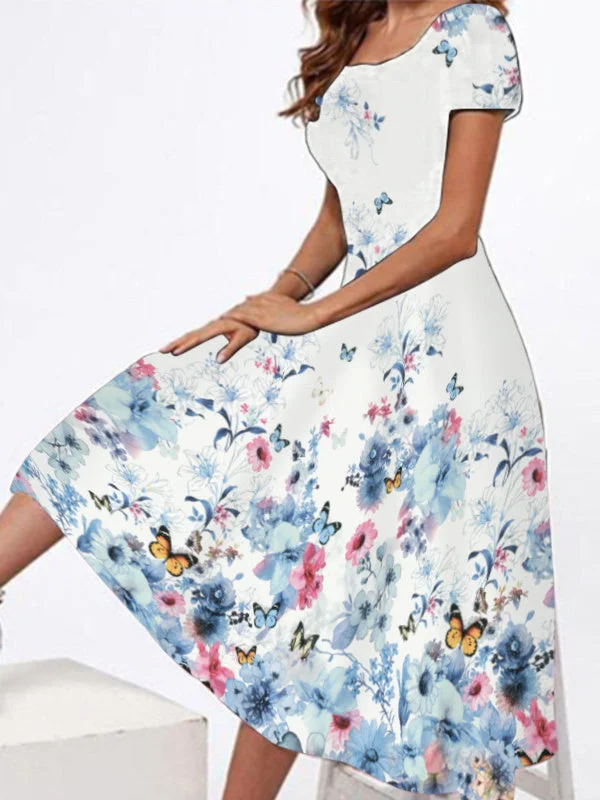 Women's Short Sleeve Scoop Neck Floral Printed Midi Dress