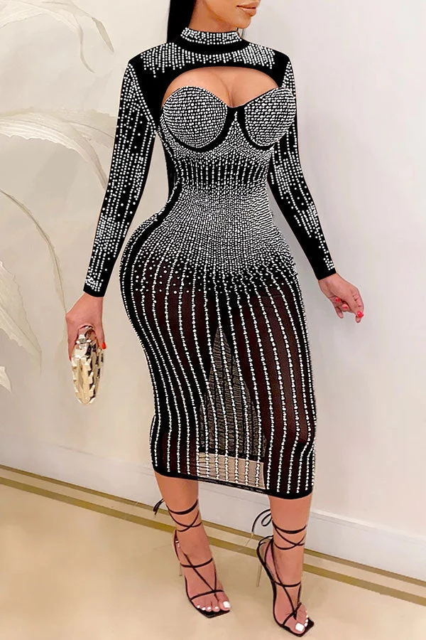 Rhinestone Cutout Party See-Through Bodycon Midi Dress