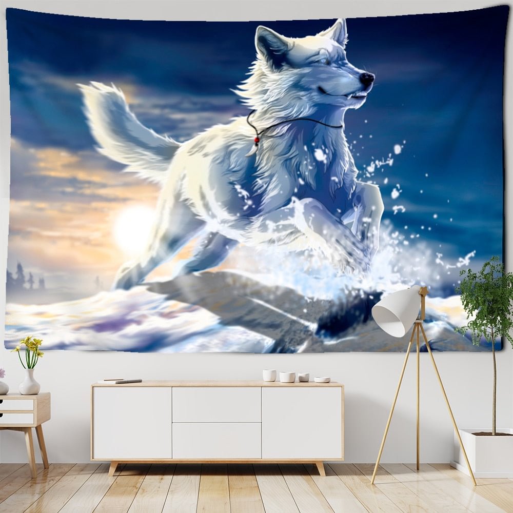 Snow Wolf Tapestry Wall Hanging Psychedelic Witchcraft Bohemian Mysterious Art Landscape Room Home Decor