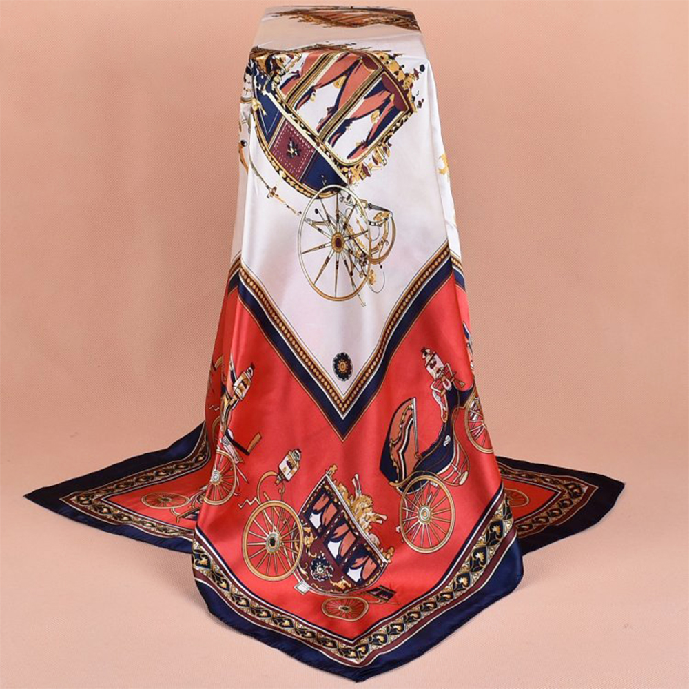 90cm*90cm Red Retro Carriage Pattern Satin Big Square Scarfs-vocosishoes