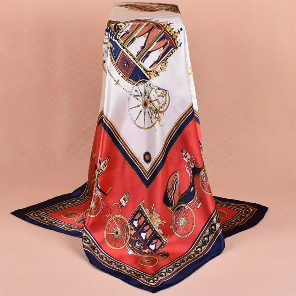 90cm*90cm Red Retro Carriage Pattern Satin Big Square Scarfs-vocosishoes