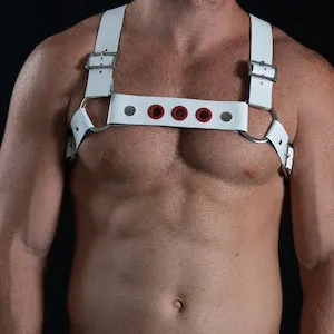 pornhint Pornhint White Leather Harness for men with Red Grommet hole